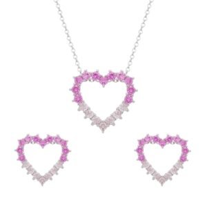 Conjunto Prateado de Coração Vazado Cravejado de Zircônia Rosa Dois Tons
